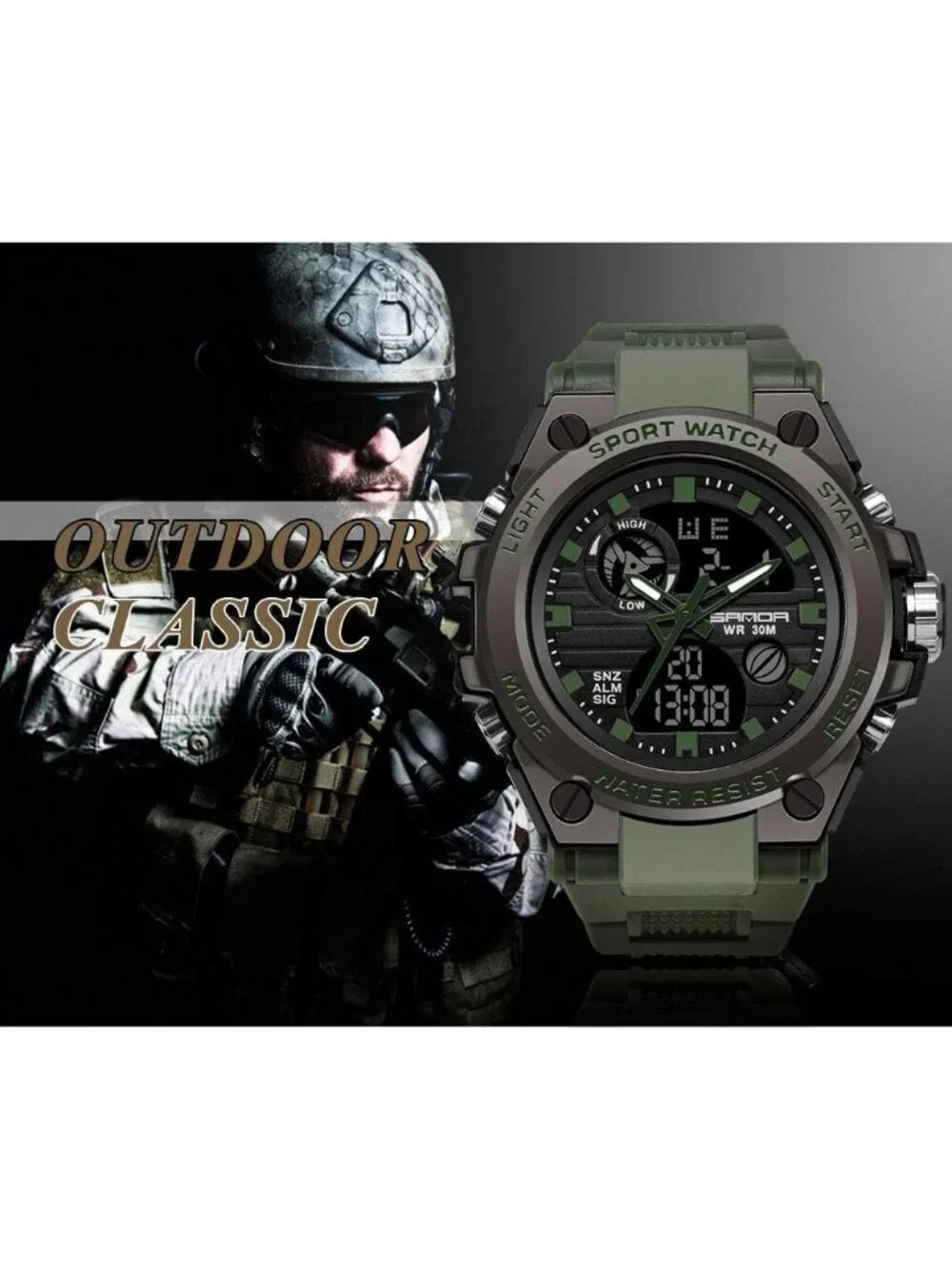 Mens Army Green Black Analog Quartz Sports Waterproof Military LED Digital Watch
